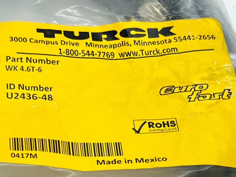 Turck WK 4.6T-6 Eurofast Cordset M12 Female Right Angle 6M Length U2436-48 - Maverick Industrial Sales