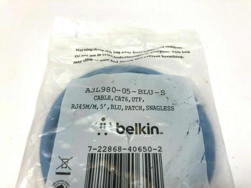 Belkin A3L980-05-BLU-S Ethernet Patch Cable, RJ45M/M, 5', Blue, Cat6, 5-foot - Maverick Industrial Sales