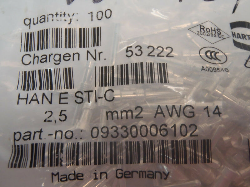 Pack of (100) Harting 9330006102 Heavy Duty Connector Contacts HAN E STI-C - Maverick Industrial Sales