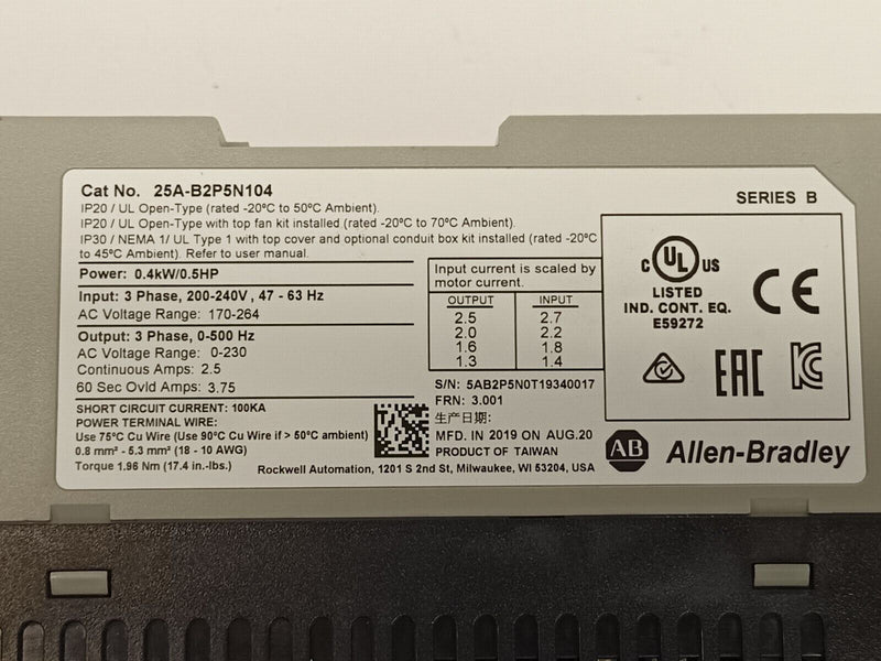 Allen Bradley 25A-B2P5N104 Ser B PowerFlex 523 AC Drive 200-240V 0.4kW/.5HP 2.5A - Maverick Industrial Sales