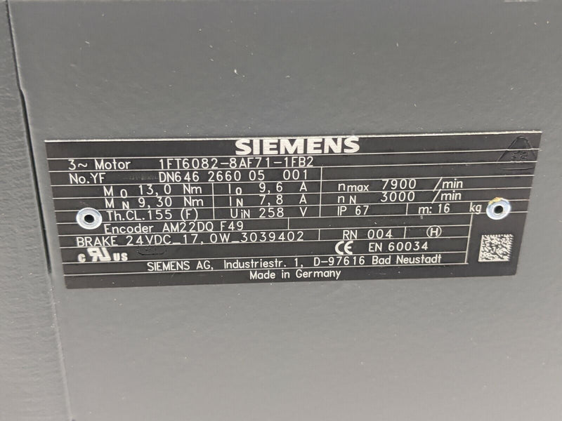 Siemens 1FT6082-8AF71-1FB2 Simotics S Synchronous Servomotor AM22DQF49 Encoder - Maverick Industrial Sales