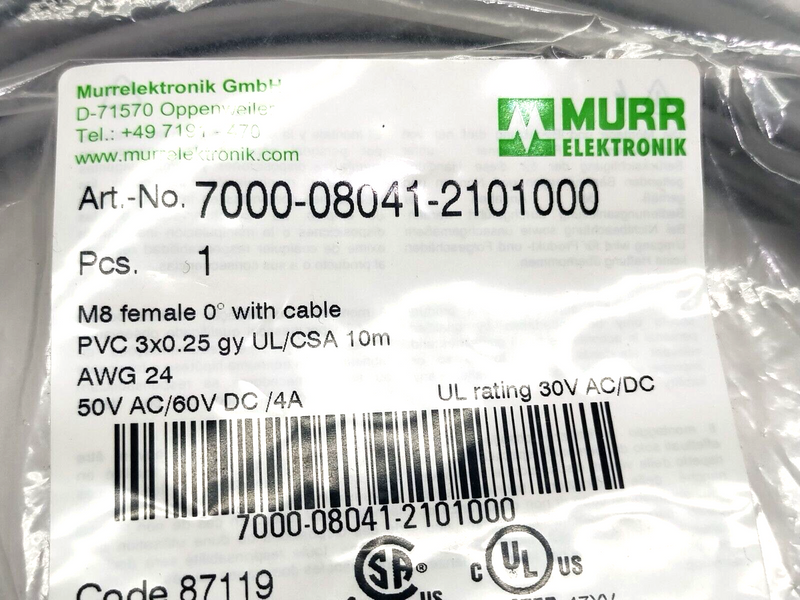 Murr Elektronik 7000-08041-2101000 Single Ended Cordset M8 Female 3-Pin 10m - Maverick Industrial Sales