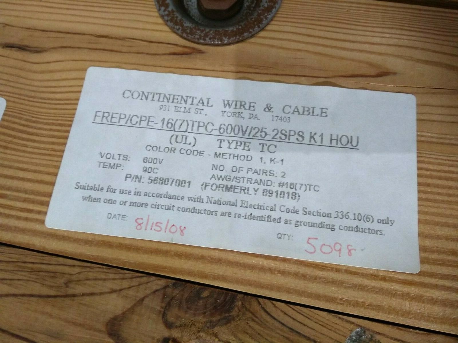 Continetal Wire 56807001 FREP/CPE-16(7)TPC-600V/25-2SPS KI HOU 2200 FT Type TC - Maverick Industrial Sales
