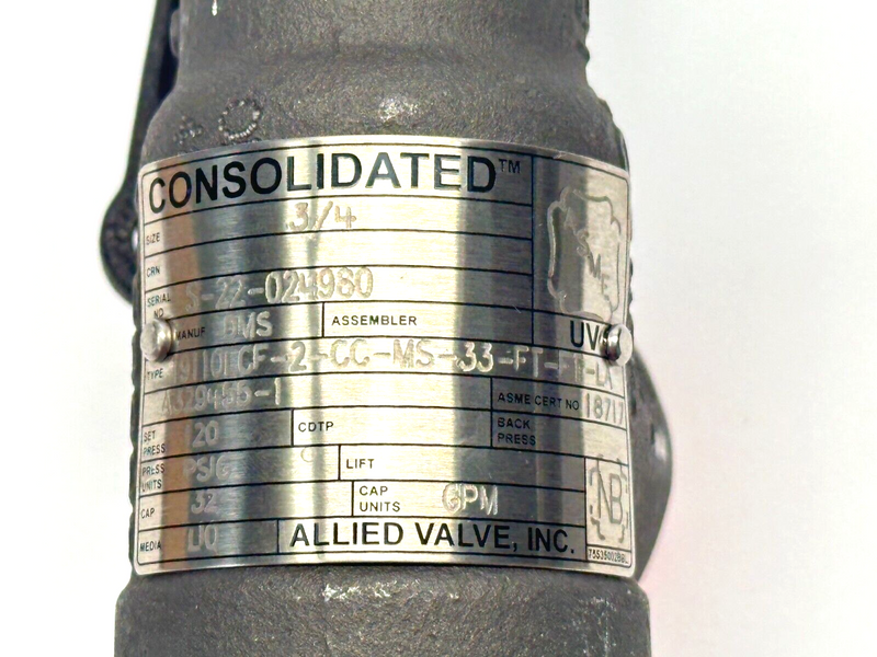 Consolidated 19110LCF-2-CC-MS-33-FT-FT-LA Safety Relief Valve 3/4" x 1" 120PSIG - Maverick Industrial Sales