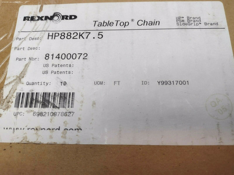 Rexnord 81400072 TableTop Chain HP882K7.5 ,10 Ft - Maverick Industrial Sales