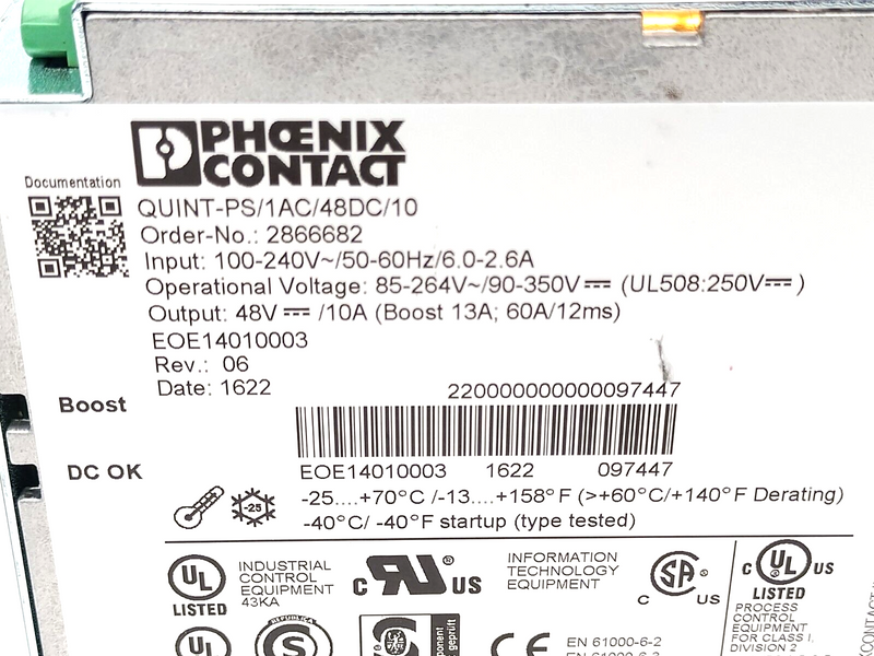 Phoenix Contact QUINT-PS/1AC/48DC/10 Power Supply Unit 100-240VAC 48VDC 2866682 - Maverick Industrial Sales