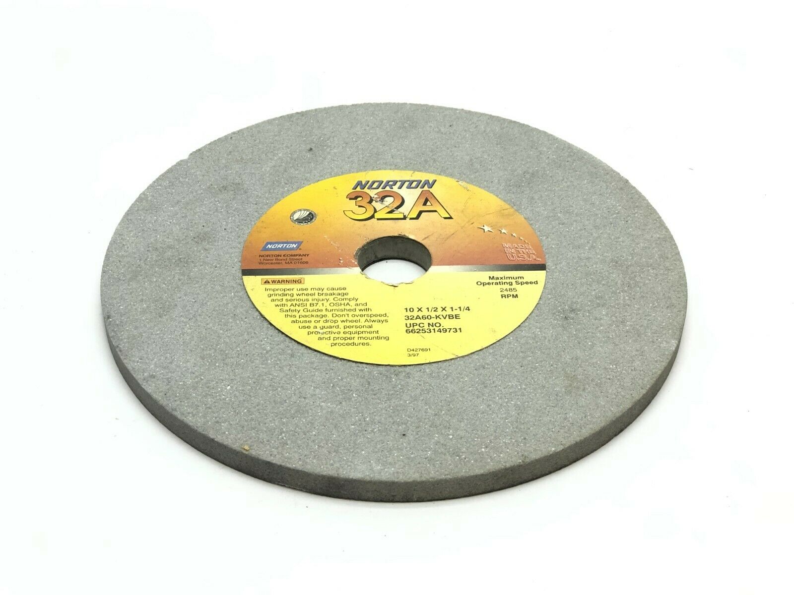 Norton 32A60-KVBE Grinding Wheel 1-1/4" Bore 2485 RPM - Maverick Industrial Sales