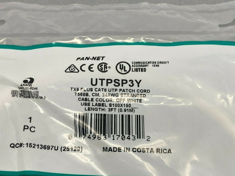 Panduit UTPSP3Y TX6 Plus CAT6 UTP Patch Cord Off White 3' FEET - Maverick Industrial Sales