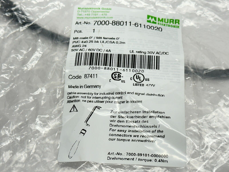 Murr Elektronik 7000-88011-6110020 Cordset M8 Male 4-Pin - M8 Female 4-Pin 0.2m - Maverick Industrial Sales