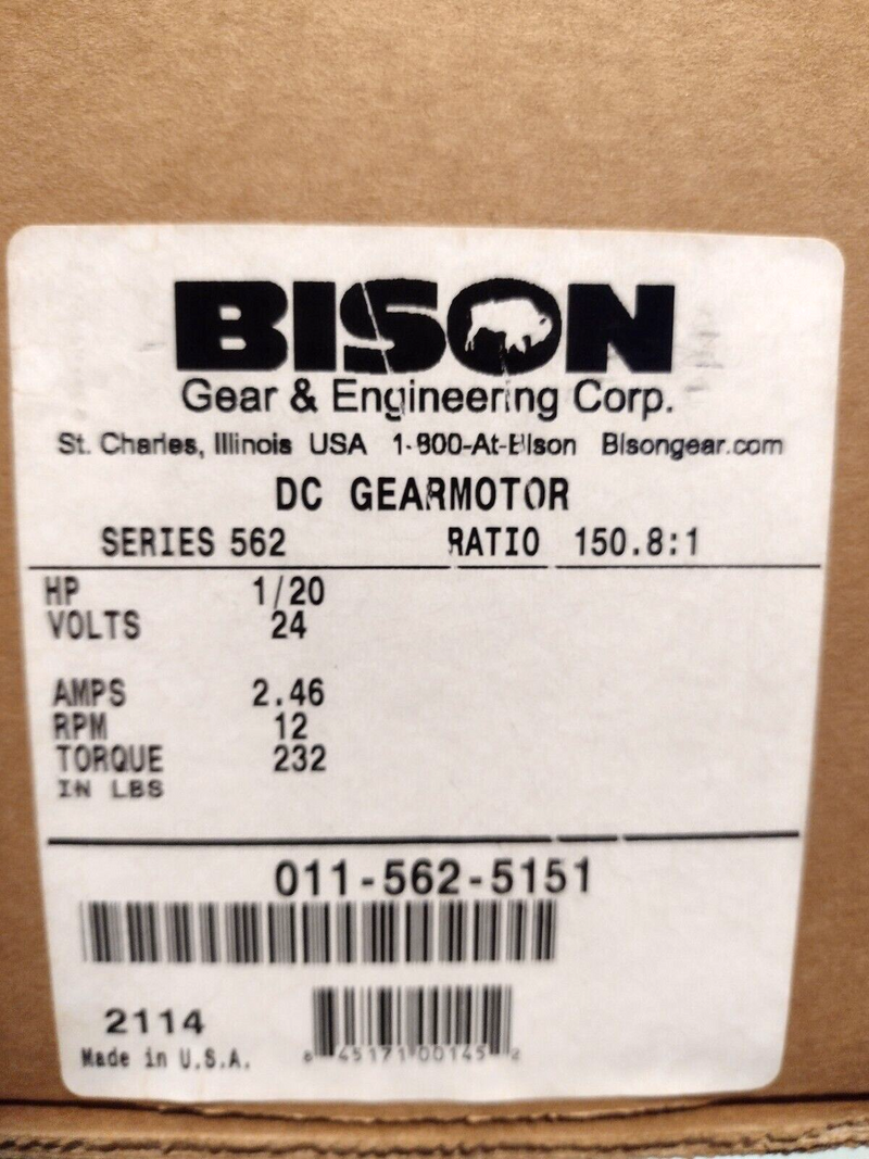 Bison 011-562-5151 562 Series Gearmotor 150.8:1 Offset Shaft 24 VDC TENV 12 RPM - Maverick Industrial Sales