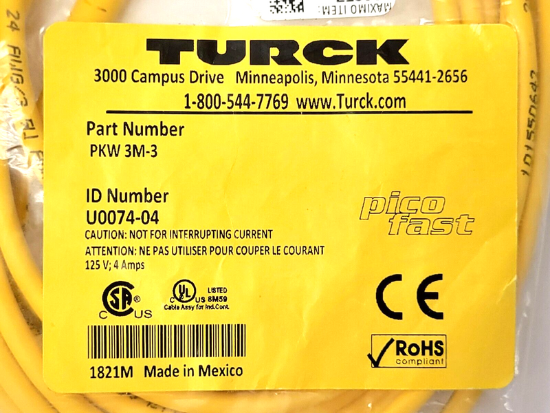 Turck PKW 3M-3 Picofast M8, Female, Right-angle, 3-Pin Connection Cable U0074-04 - Maverick Industrial Sales