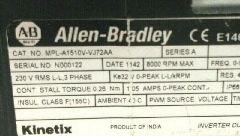 Allen Bradley MPL-A1510V-VJ72AA Ser A Kinetix 240V AC Rotary Servo Motor 0.16kW - Maverick Industrial Sales