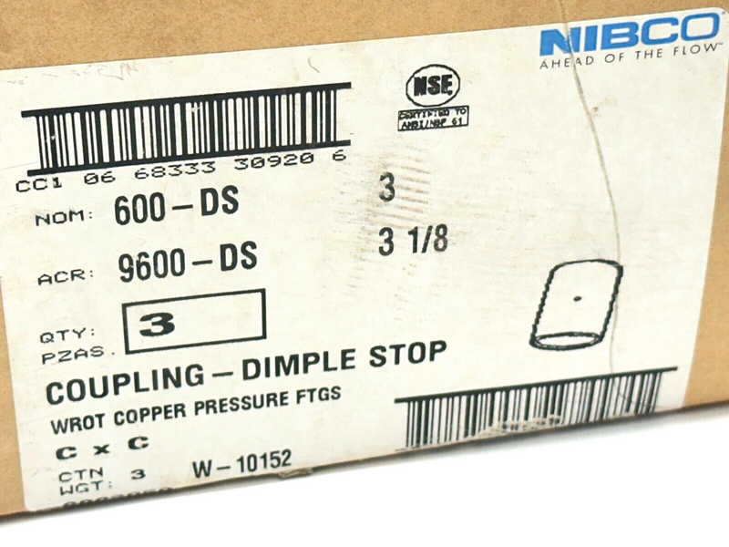 Nibco 9003050 600-DS Coupling Dimple Stop Wrot Copper Pressure Fitting 3" - Maverick Industrial Sales