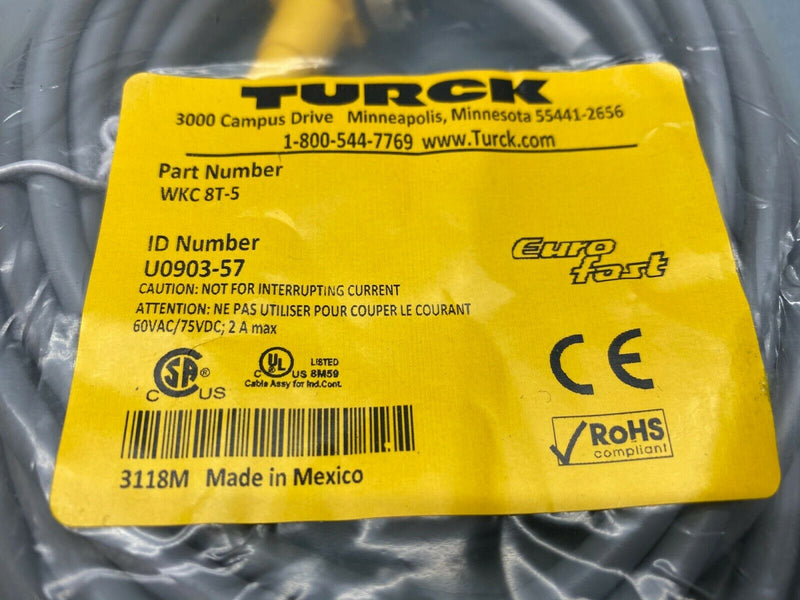 Turck WKC 8T-5 Single Ended Cordset w/ Female Right Angle Connector 8-Pin M12 - Maverick Industrial Sales