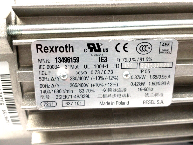 Bosch Rexroth 3842554306 Gearmotor 13496159 265/460V 1680RPM GKR04-2MHGR-071-4b - Maverick Industrial Sales