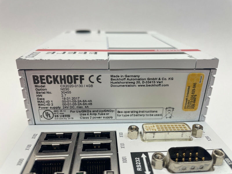 Beckhoff CX2020-0130 / 4GB, N030 Basic CPU Module, CX2500-0030, CX2100-0004 - Maverick Industrial Sales