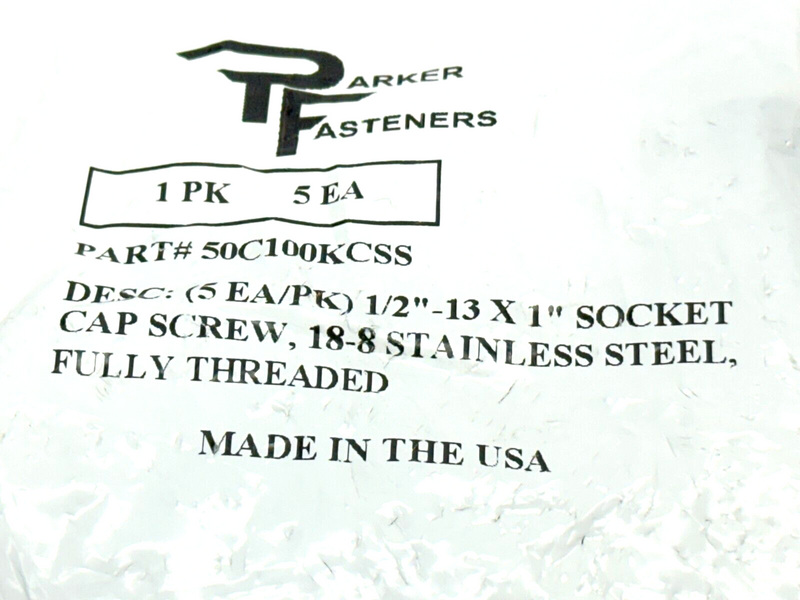 Parker 50C100KCSS Socket Cap Screw 1/2"-13 x 1" 18-8 SS PACK OF 5 - Maverick Industrial Sales