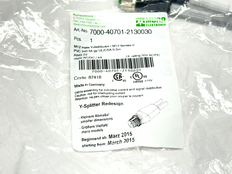 Murr Elektronik 7000-40701-2130030 Y-Distributor M12 M 4-Pin - M12 F 5-Pin 0.3m - Maverick Industrial Sales