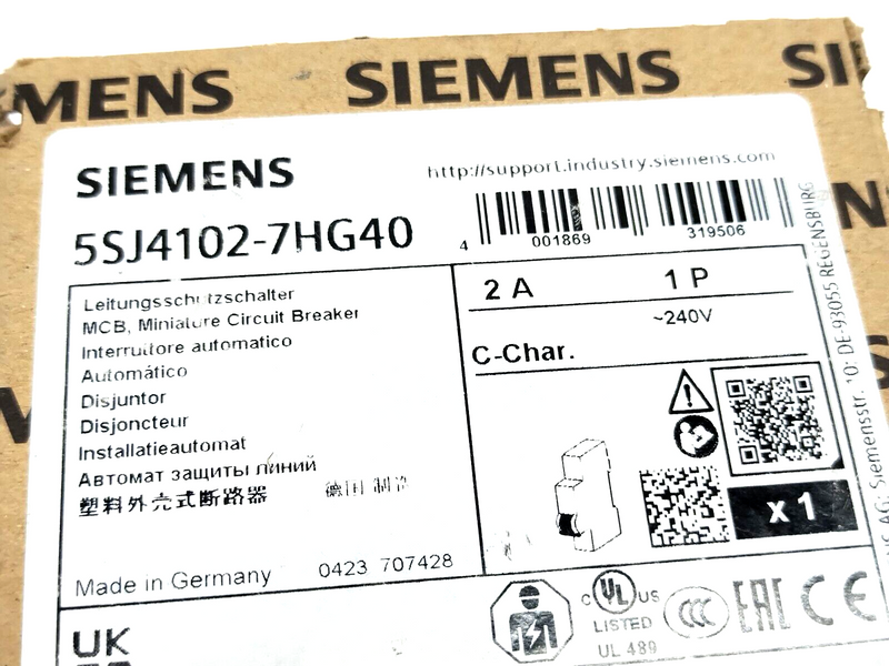 Siemens 5SJ4102-7HG40 Miniature Circuit Breaker 1P 2A 240V - Maverick Industrial Sales