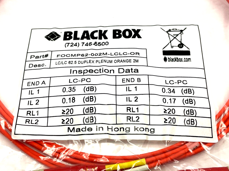 Black Box FOCMP62-002M-LCLC-OR Fiber Patch Cable 2m Length - Maverick Industrial Sales