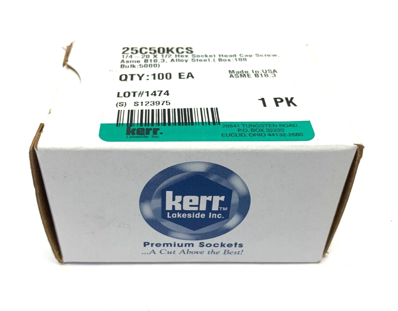 Kerr 25C50KCS 1/4-20 x 1/2 Hex Socket Head Cap Screws Alloy Steel BOX OF 100 - Maverick Industrial Sales