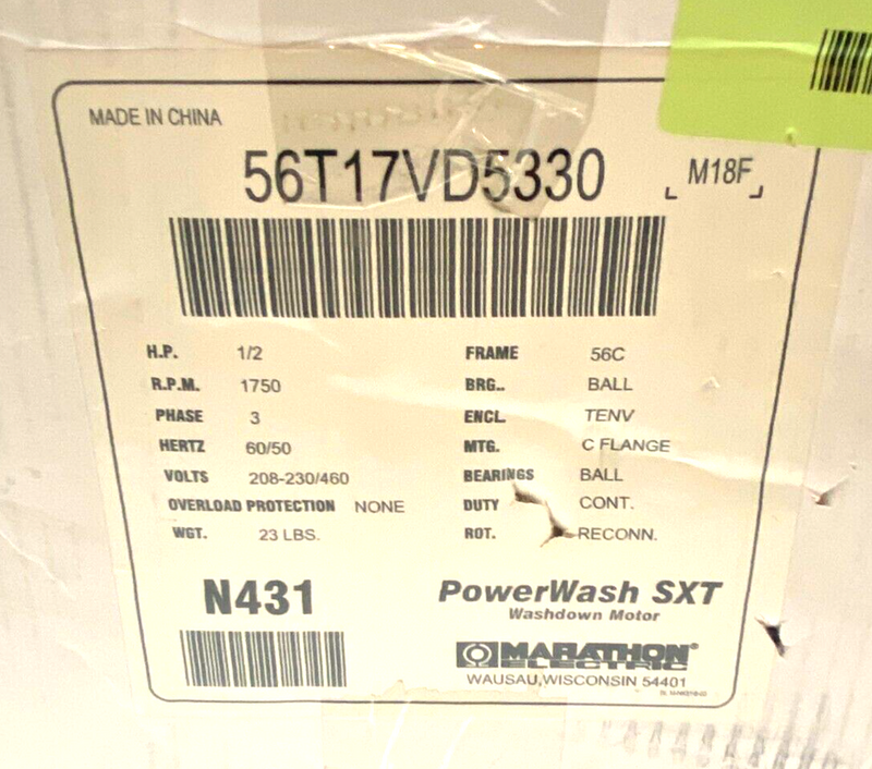 Marathon 56T17VD5330 Powerwash SXT Washdown Electric Motor 3-Phase 1750rpm 1/2HP - Maverick Industrial Sales