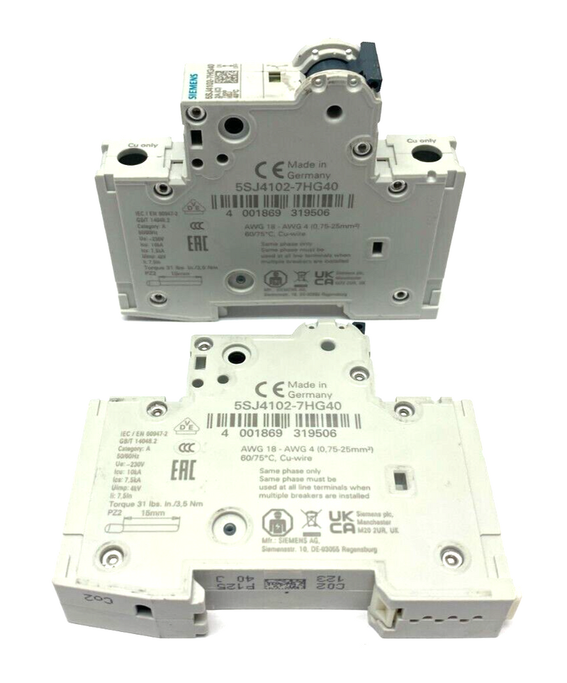 Siemens 5SJ4102-7HG40 Miniature Circuit Breaker 240V 1-Pole 2A LOT OF 2 - Maverick Industrial Sales