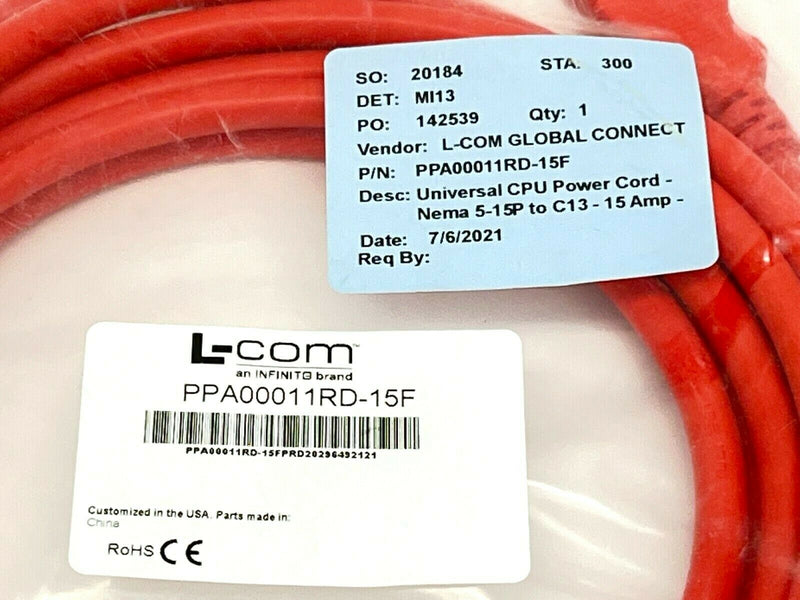 L-Com PPA00011RD-15F Universal CPU Power Cord Nema 5-15P to C13 15A 15ft - Maverick Industrial Sales