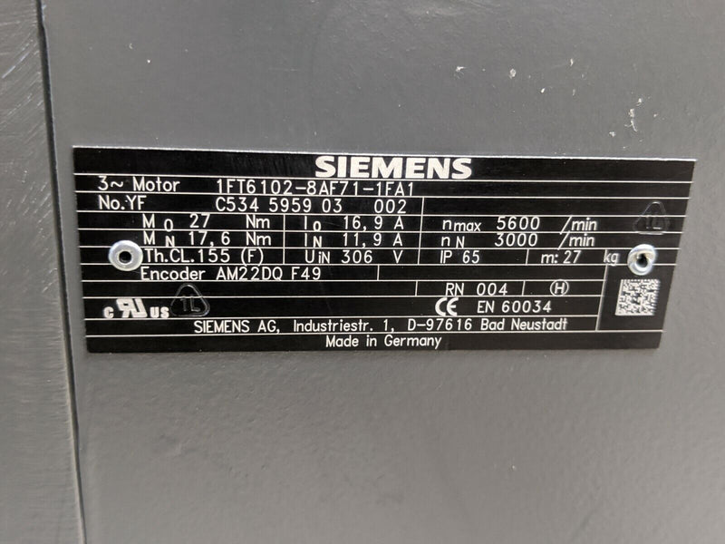 Siemens 1FT6102-8AF71-1FA1 SIMOTICS S Synchronous Servomotor AM22DQF49 Encoder - Maverick Industrial Sales