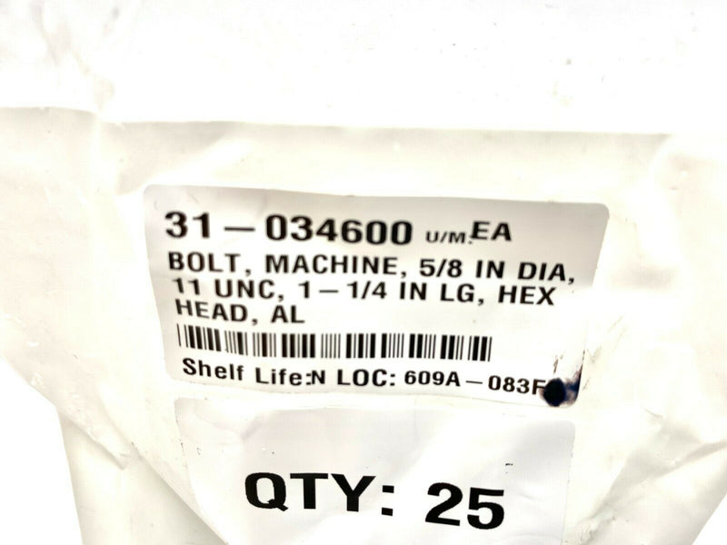 Hex Head Machine Bolt, Aluminum 5/8"-11 UNC x 1-1/4", LOT OF 25 - Maverick Industrial Sales