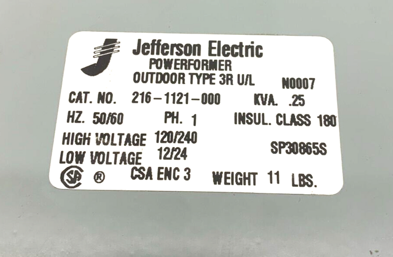 Jefferson Electric  216-1121-000 Powerformer Transformer Outdoor Type 3R U/L - Maverick Industrial Sales