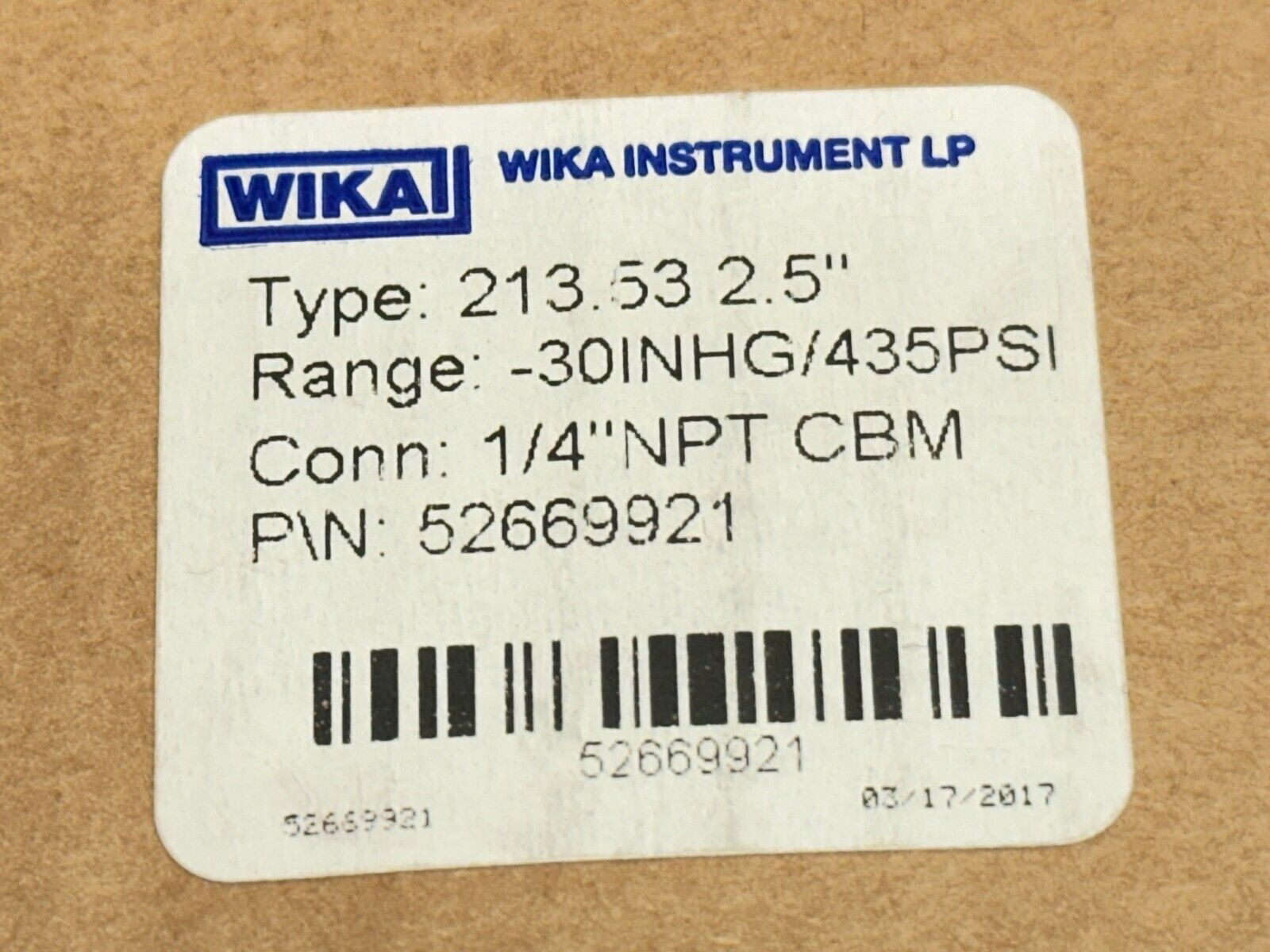 Wika Instruments 52669921 Type 213.53 Pressure Gauge 2.5" -30in.Hg/435PSI - Maverick Industrial Sales