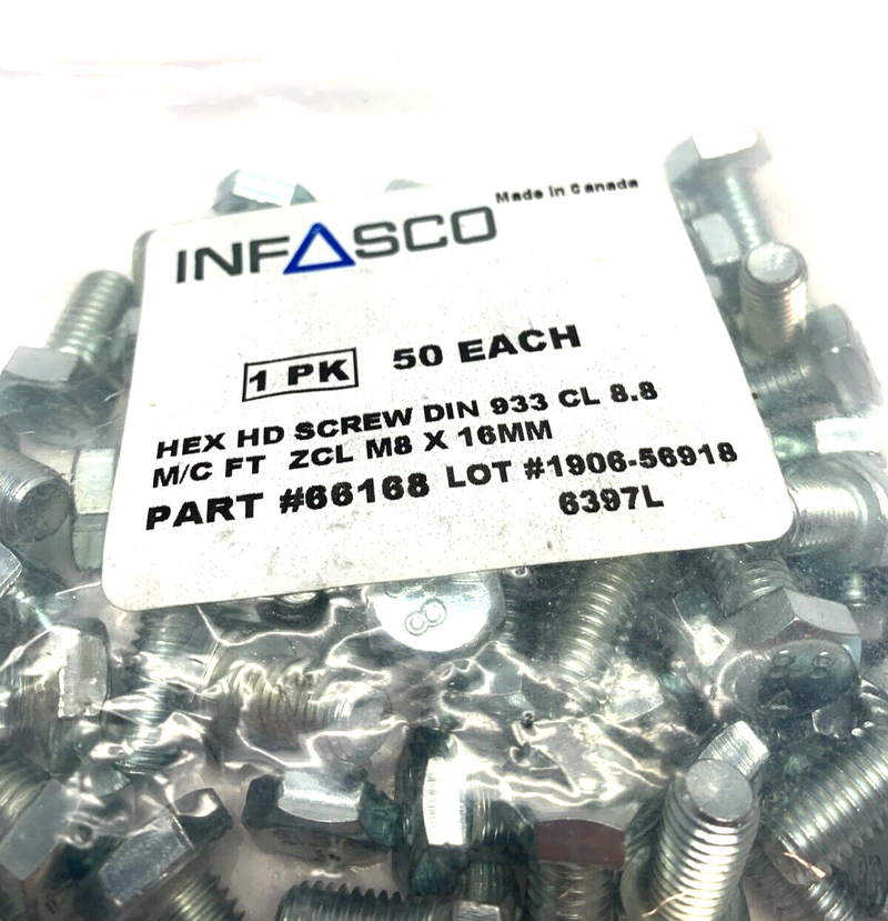 Infasco 66168 Hex Head Screw DIN 933 CL 8.8 ZCL M8x16MM PACK OF 50 - Maverick Industrial Sales