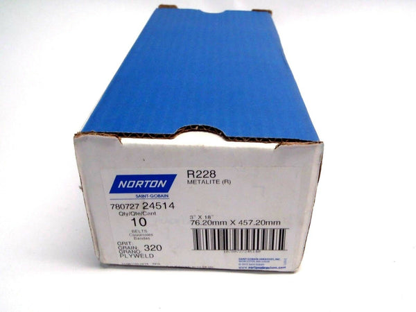 Box of 10 Norton 78072724514 R228 Metalite 3"x18" Inch 320 Grit Sanding Belts - Maverick Industrial Sales