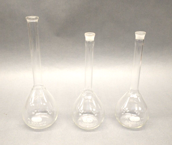 Pyrex 5580-250 250mL & (2) 5680-200 200mL Volumetric Flask SET OF 3 - Maverick Industrial Sales