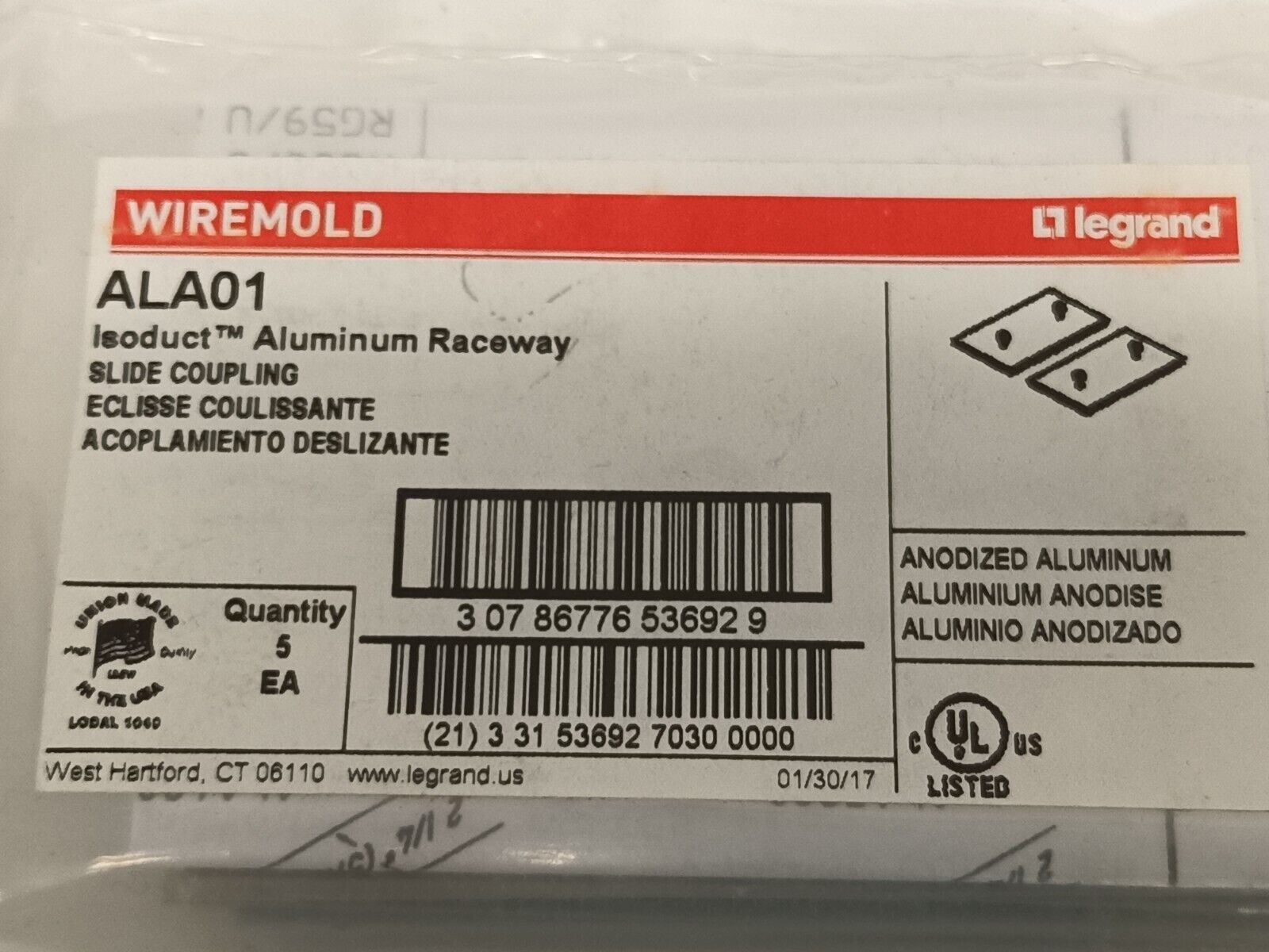 Wiremold ALA01 Isoduct Aluminum Raceway Slide Coupling PACKAGE OF 5 - Maverick Industrial Sales