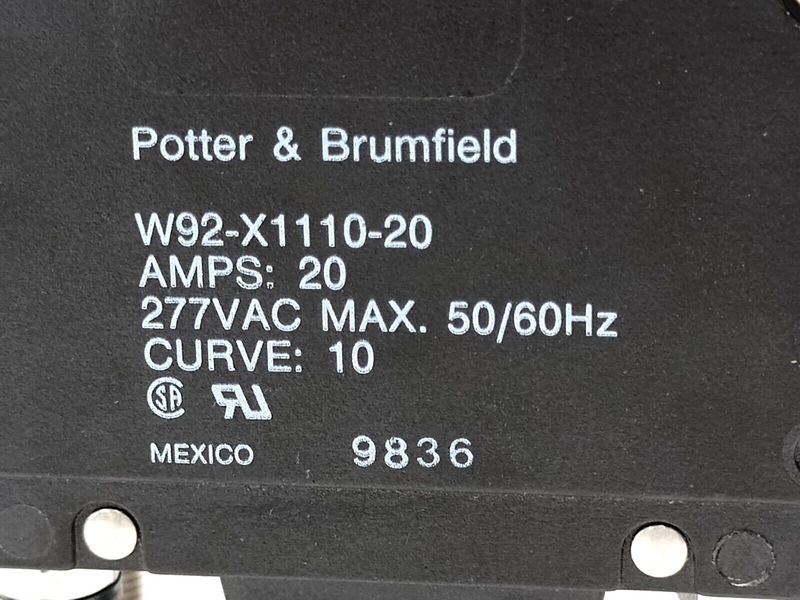 Potter & Brumfield W92-X1110-20 Magnetic Hydraulic Circuit Breaker 2P 20A 277VAC - Maverick Industrial Sales
