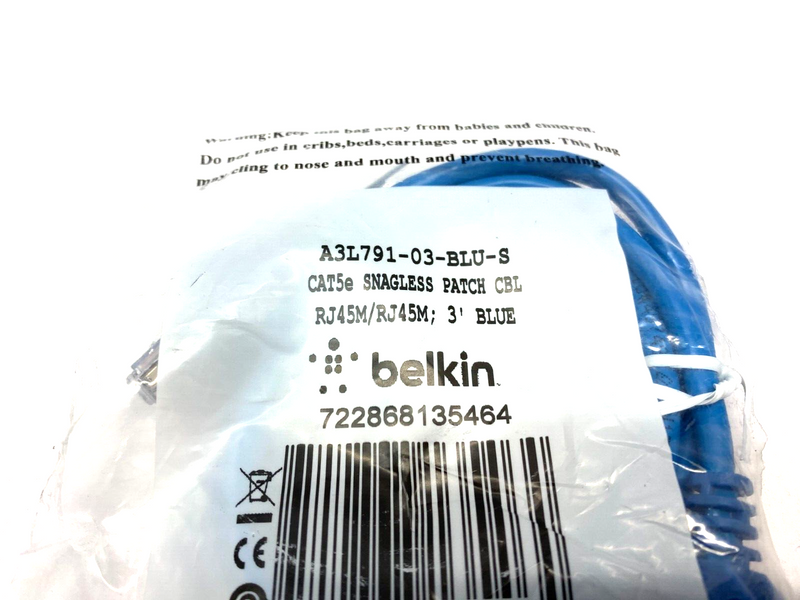 Belkin A3L791-03-BLU-S Cat5 Snagless Patch Cable RJ45 to RJ45 3' Length LOT OF 2 - Maverick Industrial Sales