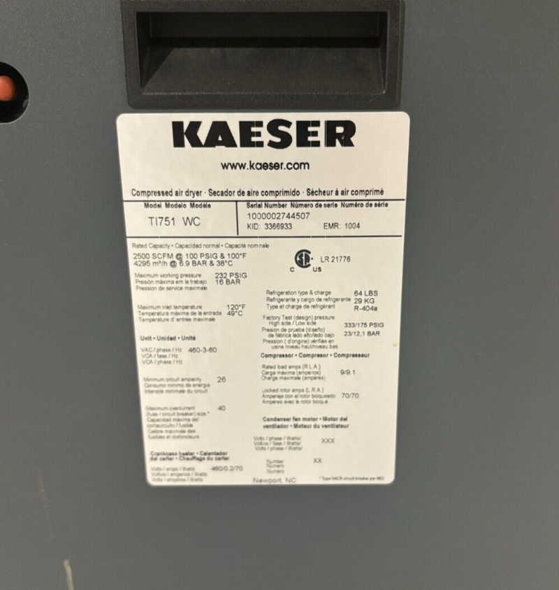 Kaeser TI751 WC Refrigerated Compressed Air Dryer, 2500 SCFM @ 100PSIG, TI 751 - Maverick Industrial Sales