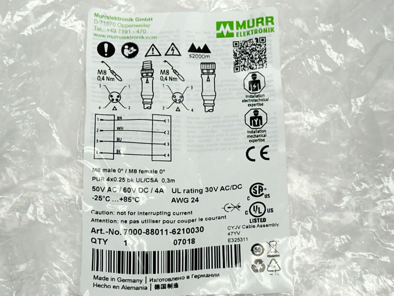 Murr Elektronik 7000-88011-6210030 Cordset M8 Male 4-Pin - M8 Female 4-Pin 0.3m - Maverick Industrial Sales