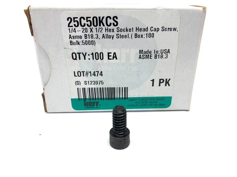 Kerr 25C50KCS 1/4-20 x 1/2 Hex Socket Head Cap Screws Alloy Steel BOX OF 100 - Maverick Industrial Sales