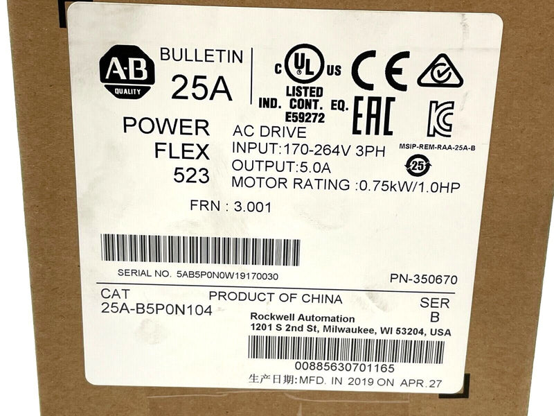 Allen Bradley 25A-B5P0N104 Ser. B Drive Variable 240VAC 5A 0.75kW 5.0HP 1HP - Maverick Industrial Sales