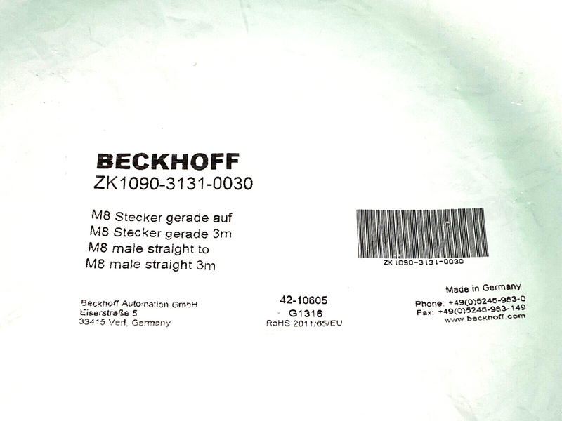 Beckhoff ZK1090-3131-0030 EtherCAT Double Ended Cable Male M8 to Male M8 3m - Maverick Industrial Sales