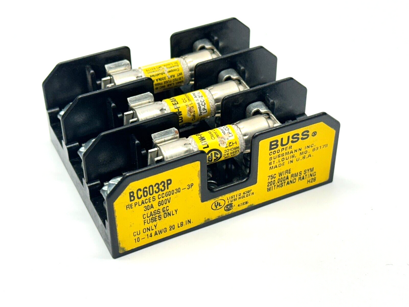 Cooper Bussmann BC6033P  Fuse Block w/ 3x LP-CC-21/4 Low-Peak Fuses - Maverick Industrial Sales