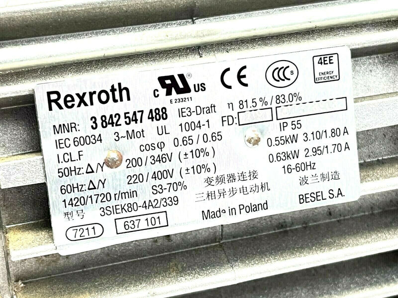 Bosch Rexroth 3842547488 Asynchron Electric Motor 1420/1720RPM 0.55kW 3.10/1.80A - Maverick Industrial Sales