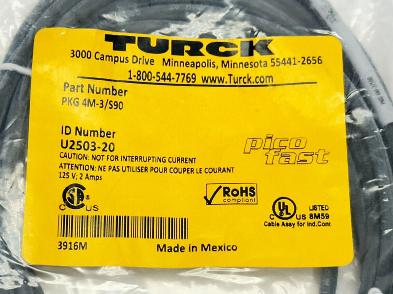 Turck PKG 4M-3/S90 PicoFast Cordset Female M8 4-Pin 3m U2503-20 - Maverick Industrial Sales