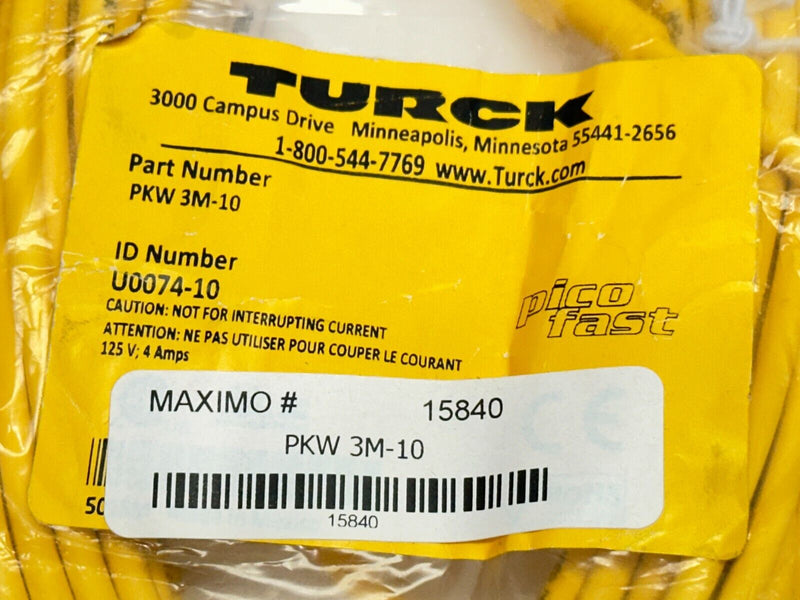 Turck PKW 3M-10 Pico Fast Actuator Sensor Cordset 10m U0074-10 - Maverick Industrial Sales