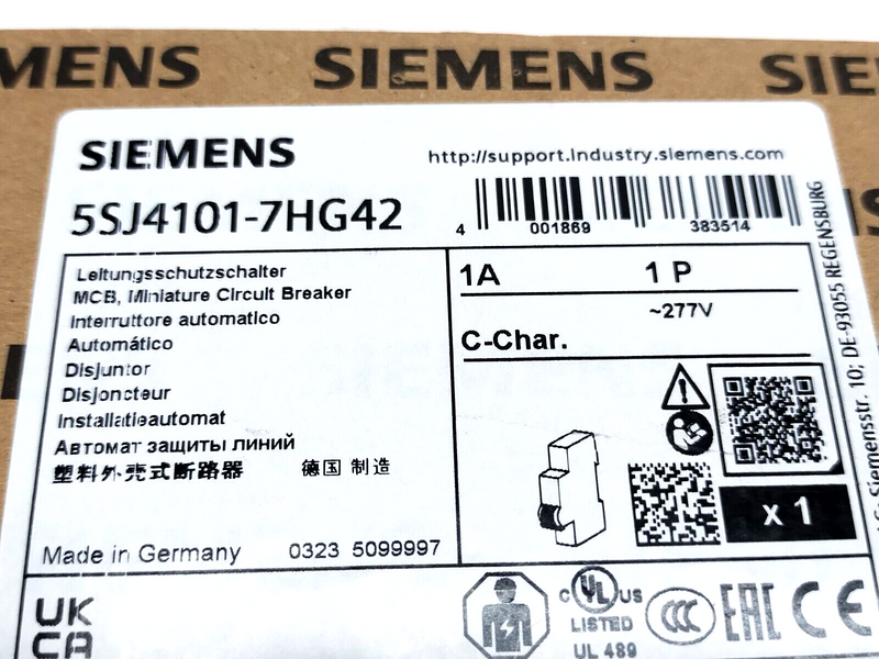 Siemens 5SJ4101-7HG42 Circuit Breaker 1-Pole 1A 277V - Maverick Industrial Sales