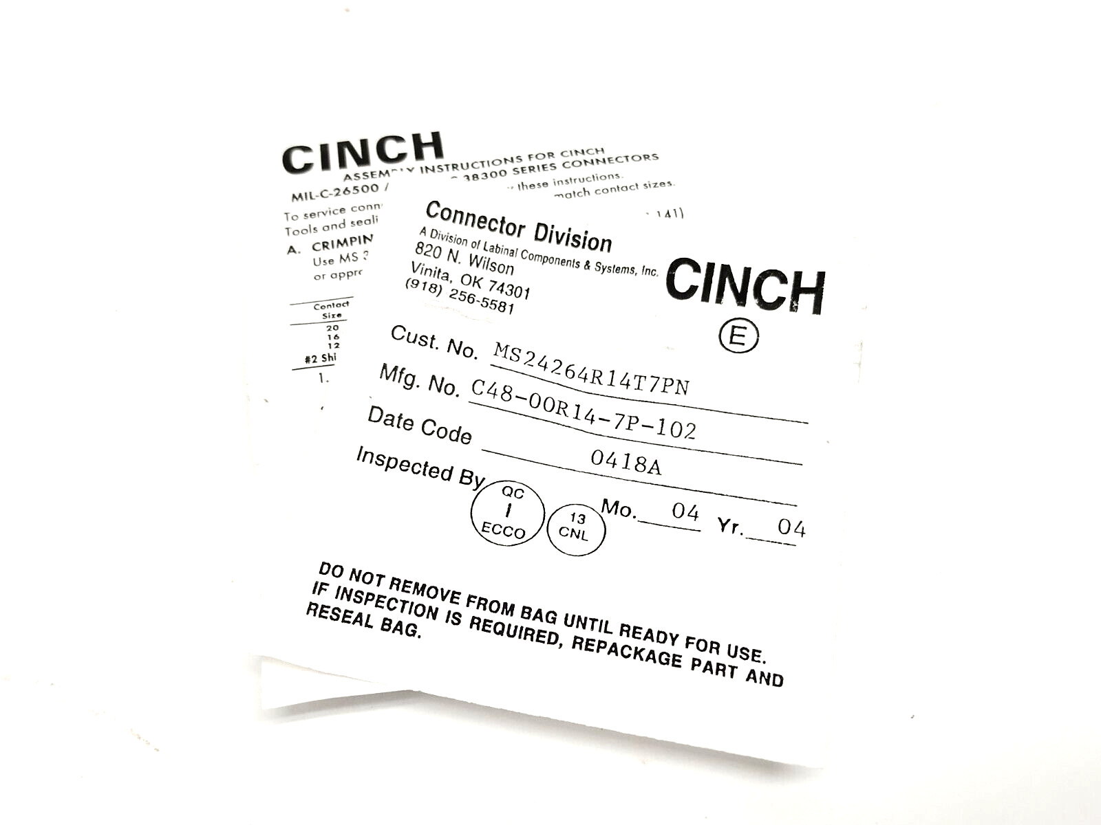 Cinch C48-00R14-7P-102 Circular MIL Spec Connector 26500 7C 7#16 PIN RECP - Maverick Industrial Sales