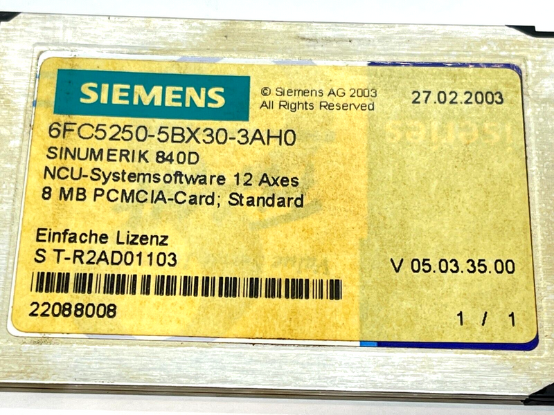 Siemens 6FC5250-5BX30-3AH0 Sinumerik 840D NCU-Systemsoftware 12 Axes 8MB V05.03 - Maverick Industrial Sales